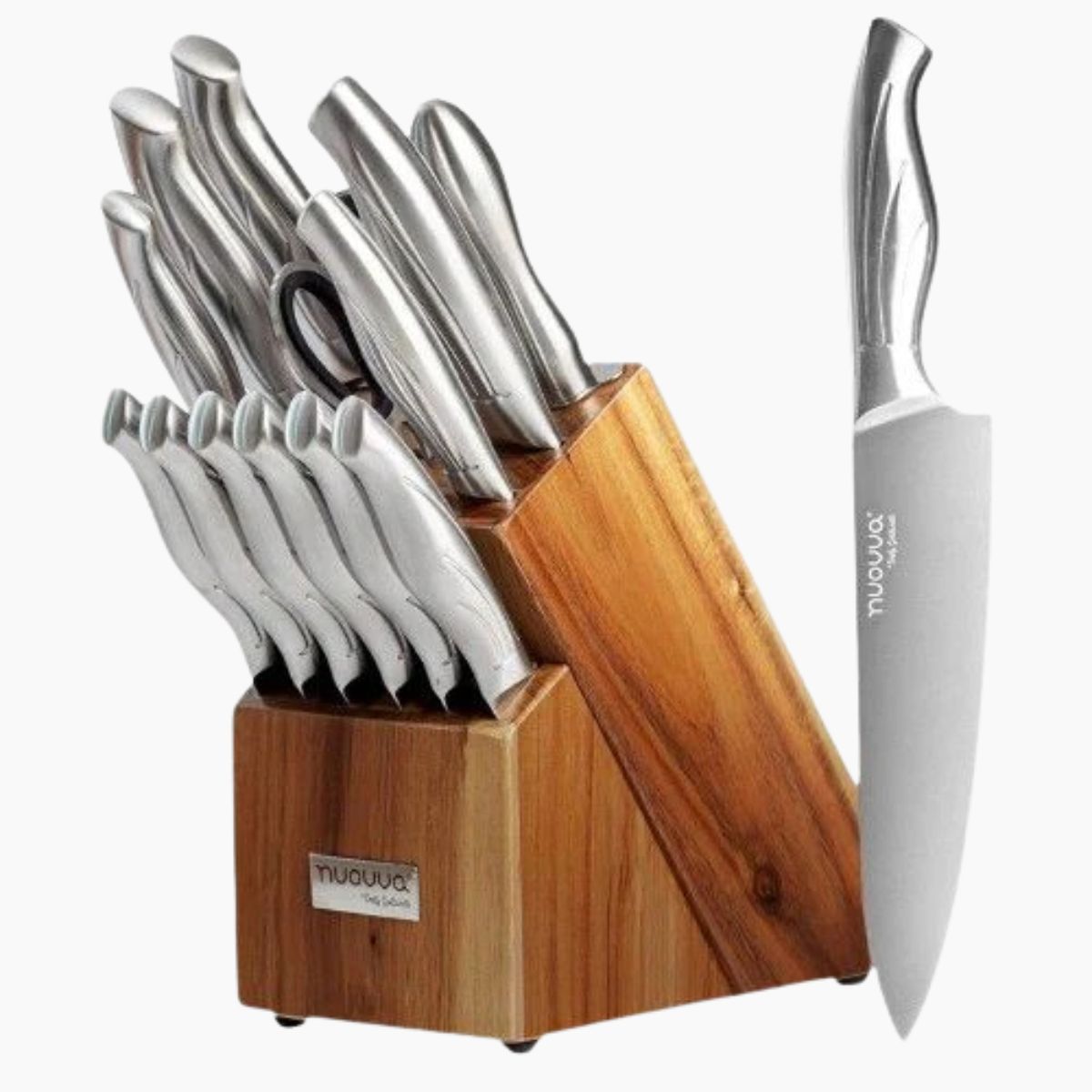 Nuovva set of 14 kitchen knives with wooden block including chefs knife, bread knife, paring knife, kitchen shears and more.
