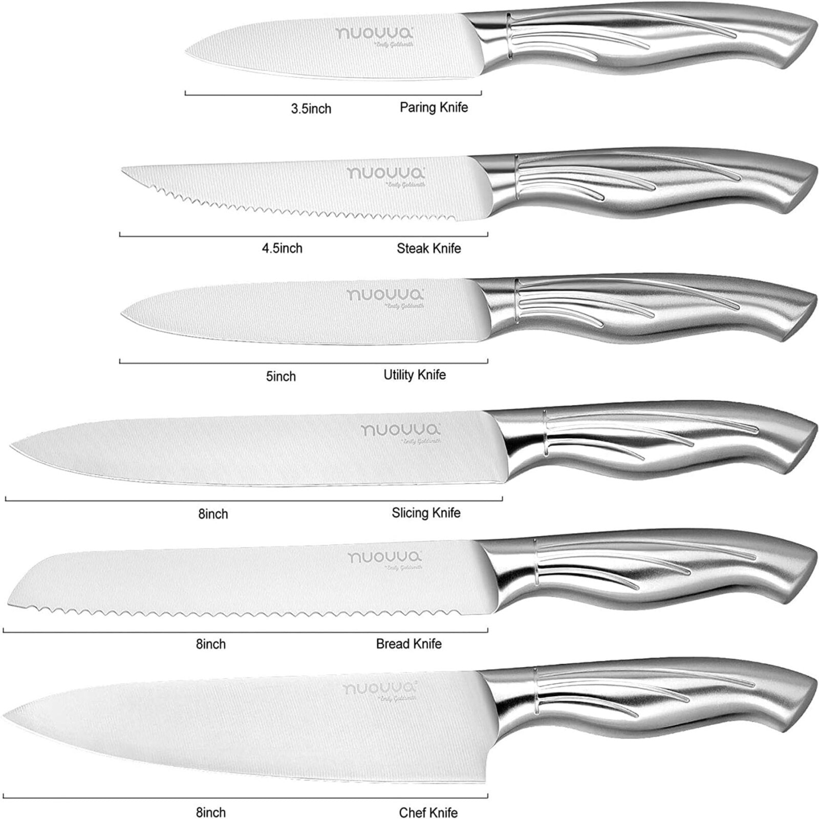 Nuovva set of kitchen knives includes stainless steel chefs knife, bread knife, slicing knife, utility knife, steak knife and paring knife.