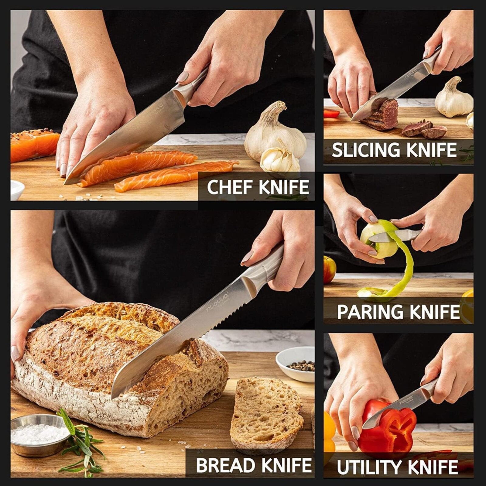 Nuovva stainless steel kitchen knife set includes a chefs knife, slicing knife, paring knife, utility knife and bread knife.