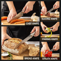 Nuovva stainless steel kitchen knife set includes a chefs knife, slicing knife, paring knife, utility knife and bread knife.