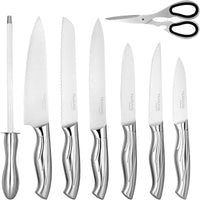 Nuovva 14 pcs kitchen knife set includes kitchen shears, knife sharpener, steak knife, bread knife, chefs knife, paring knife utility knife and more.