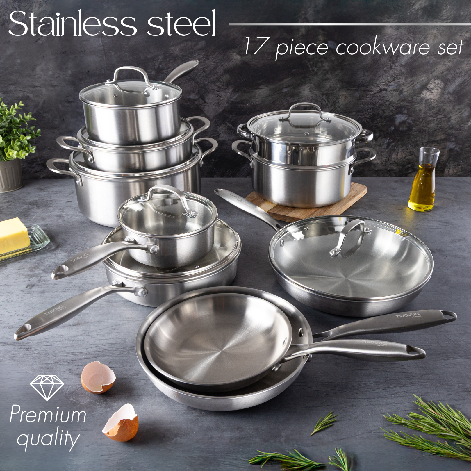 17pcs stainless steel cookware set includes saucepans, frying pans, stockpots and more.