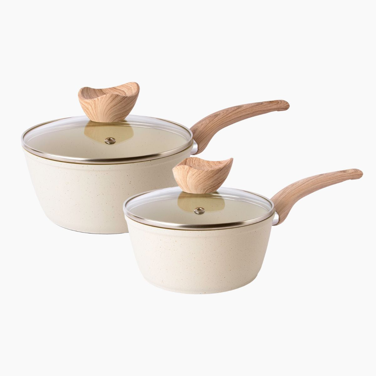 Cream Granite 2-piece saucepan set with glass lids and wooden handles – 16cm, 18cm
