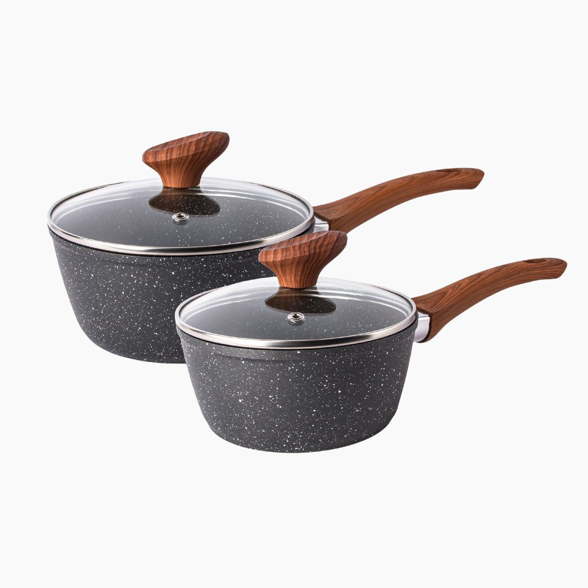 2-Piece grey granite saucepan set with glass lids and wooden handles – 16cm, 18cm.