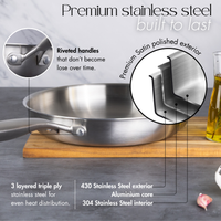Premium stainless steel frying pan is built to last with premium satin polished stainless steel exterior and riveted handles.
