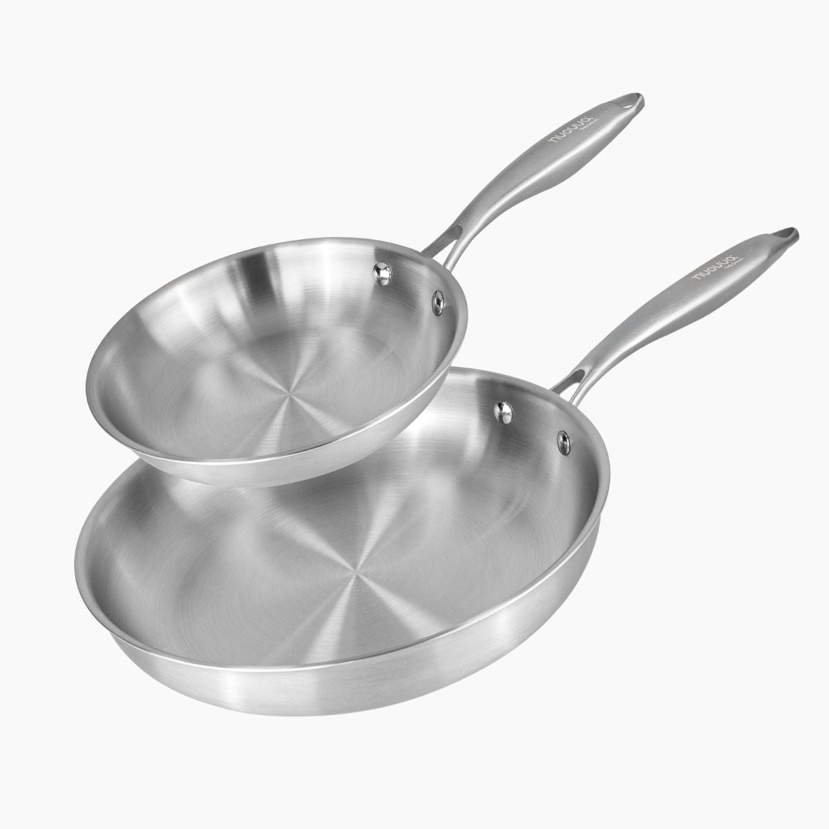 Set of 2 Nuovva stainless steel frying pans with riveted handles.