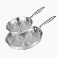Set of 2 Nuovva stainless steel frying pans with riveted handles.