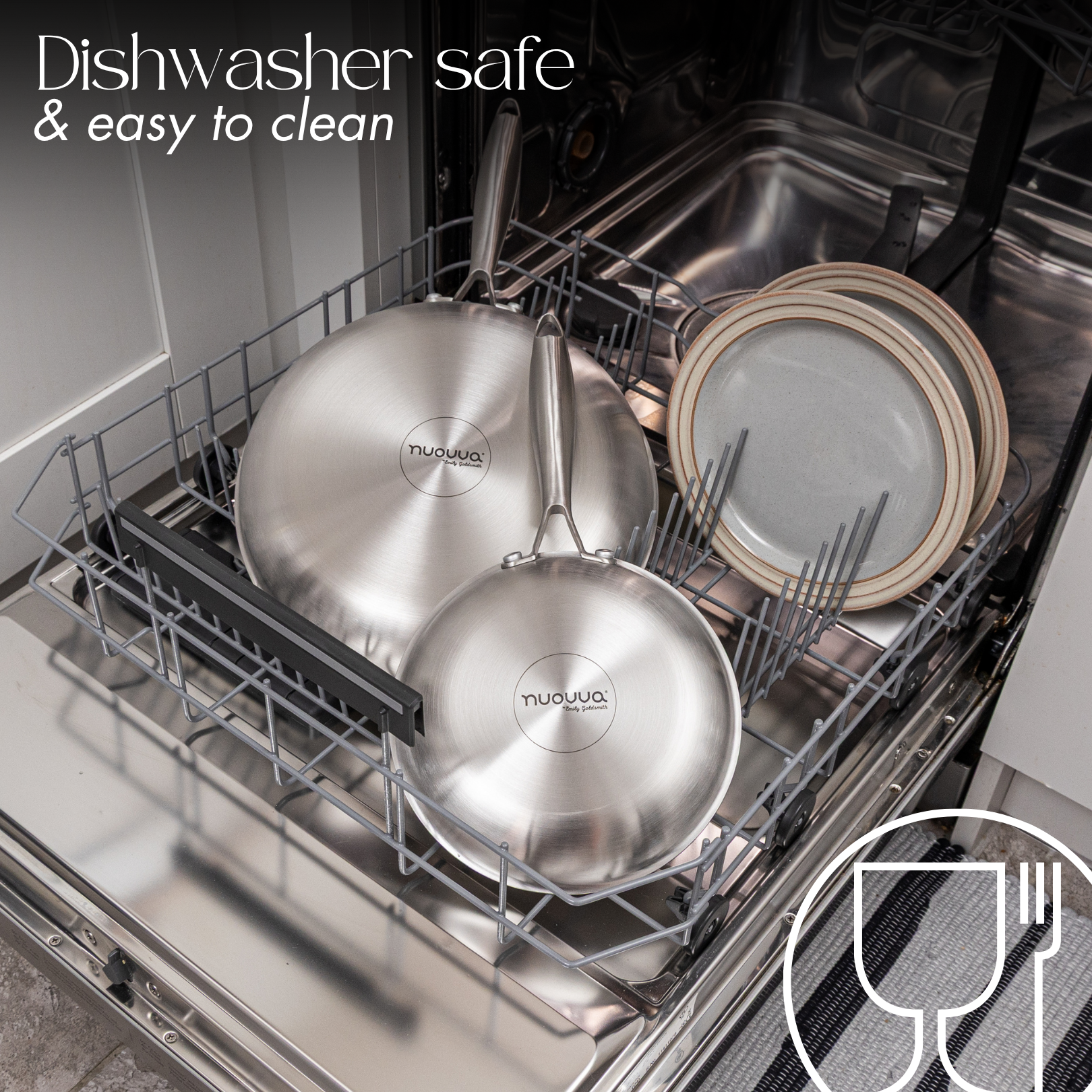 Stainless steel frying pans for dishwasher cleaning.