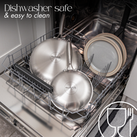 Stainless steel frying pans for dishwasher cleaning.