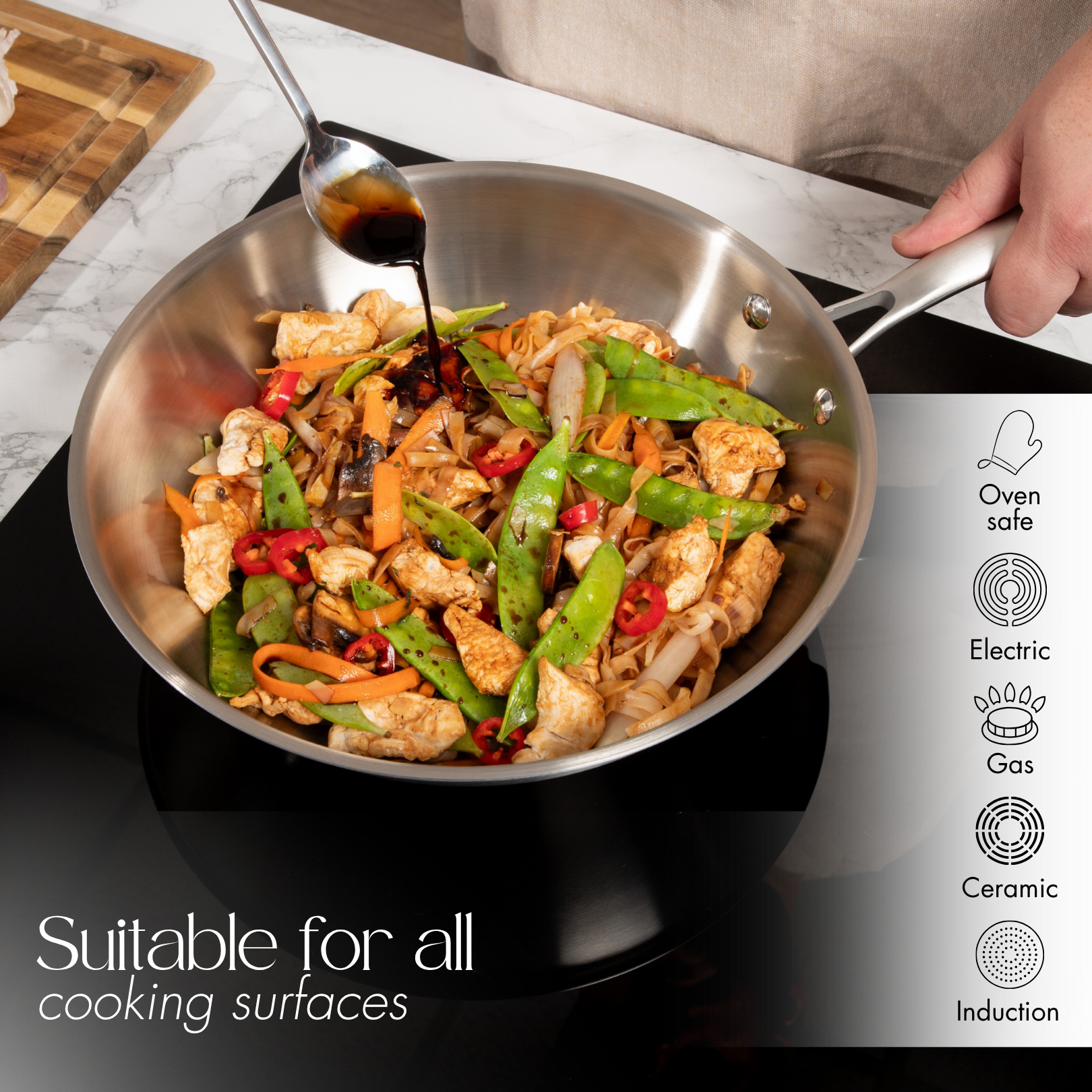 Stainless steel wok pan suitable for all stove tops, oven safe cookware and more.