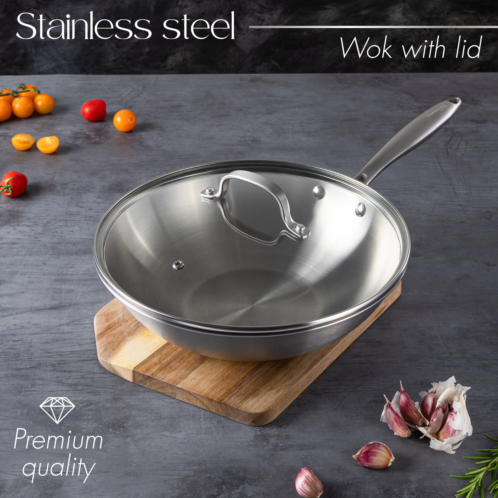 Premium quality stainless steel stir fry wok with glass lid and riveted handle