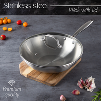 Premium quality stainless steel stir fry wok with glass lid and riveted handle