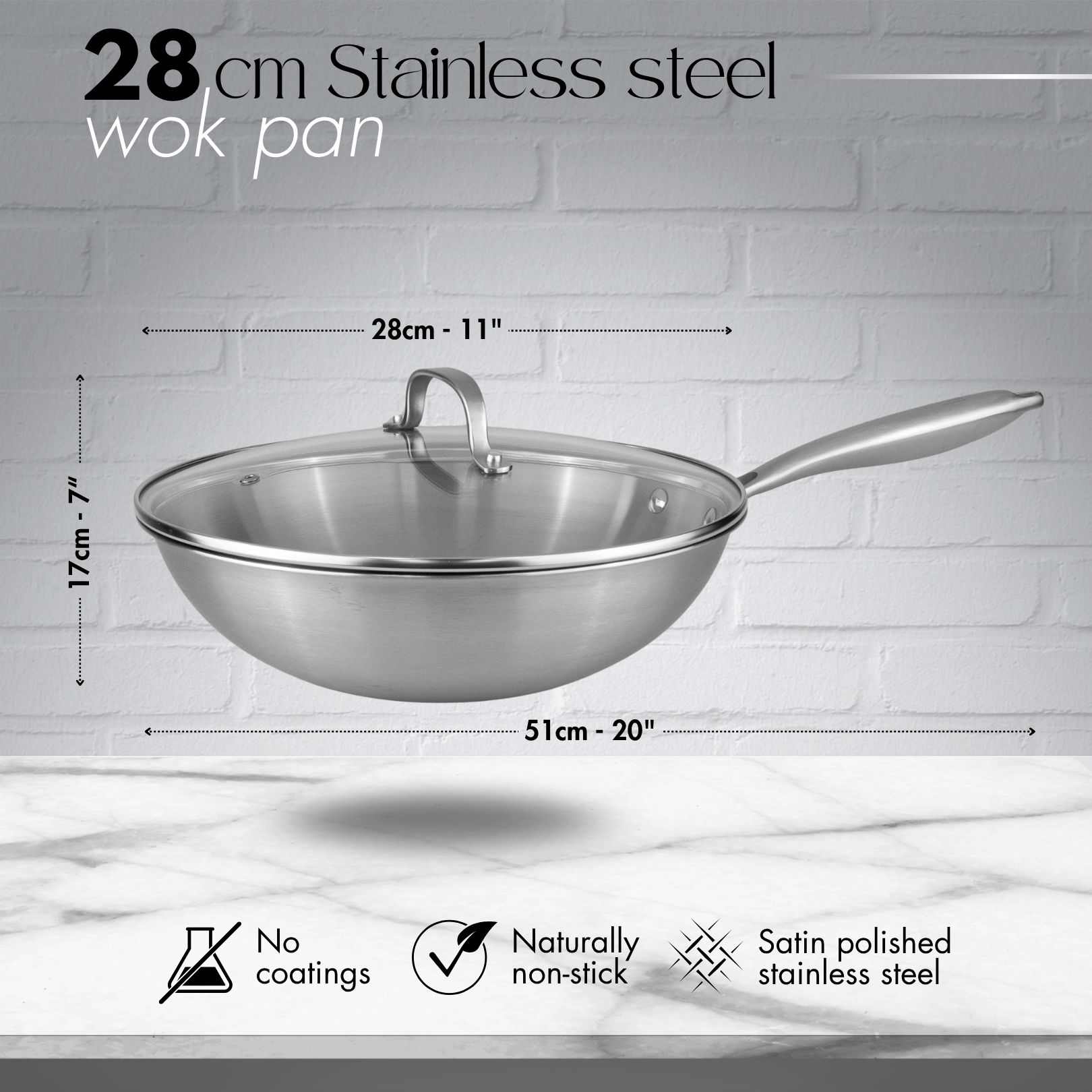 28cm stainless steel wok pan is naturally non-stick with satin polished stainless steel.