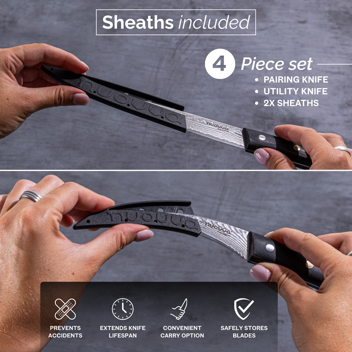 Nuovva 4pcs Damascus steel kitchen knife set with sheathes includes a paring knife and utility knife with sheath to prevent accidents, safely store blades and extend knife lifespan.
