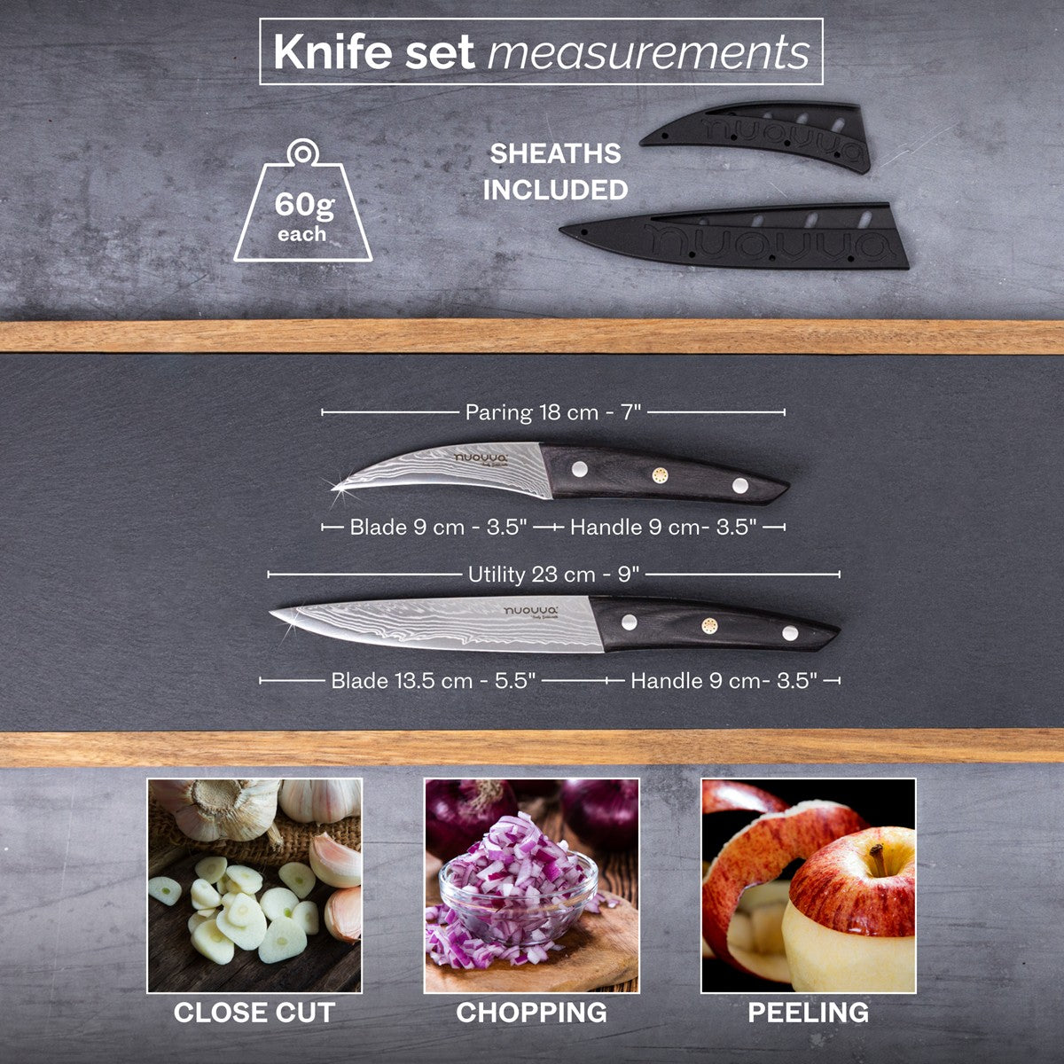 Nuovva Damascus steel knife set with rosewood handles includes a 18cm paring knife with sheath and a 23cm utility knife with a sheath for close cut, chopping and peeling.