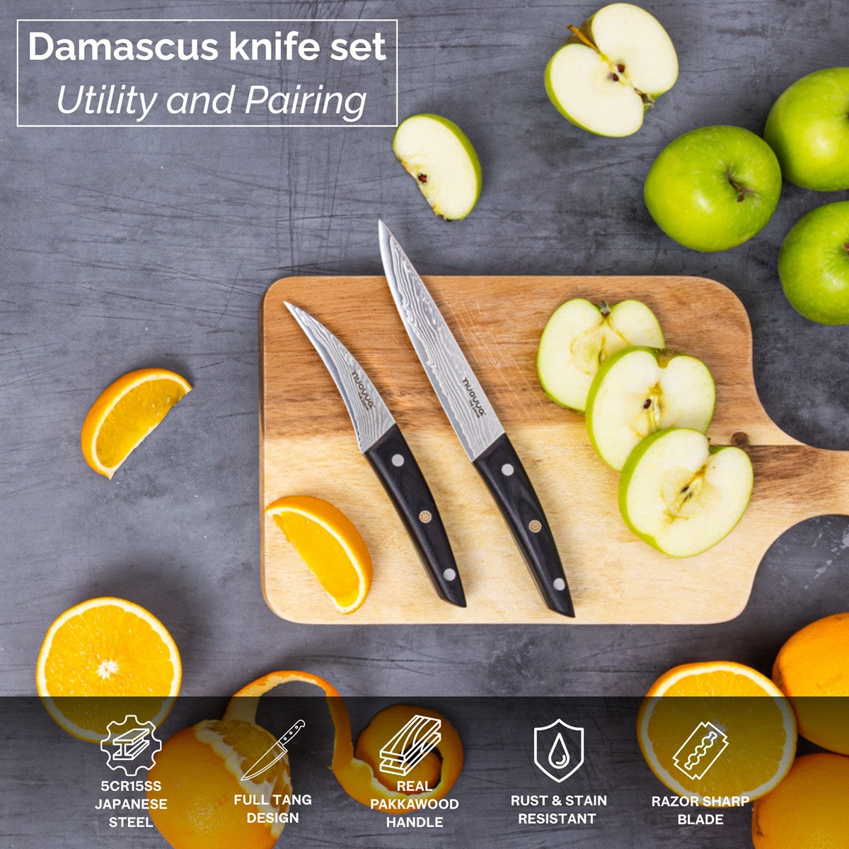 2pcs kitchen knife set with Damascus Japanese steel and full tang design with real pakkawood handle and razor sharp blade.