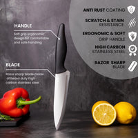 Razor sharp high carbon stainless steel blade with soft grip ergonomic handle with anti rust coating, for scratch and stain resistance.