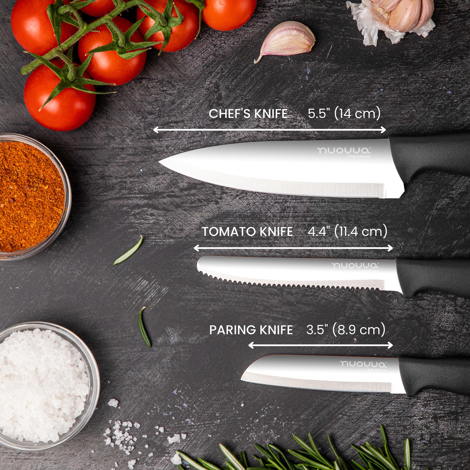 3-piece matte black stainless steel razor sharp blade, non-stick kitchen knife set including - 5.5" chefs knife, 4.4" tomato knife and 3.5" paring knife.