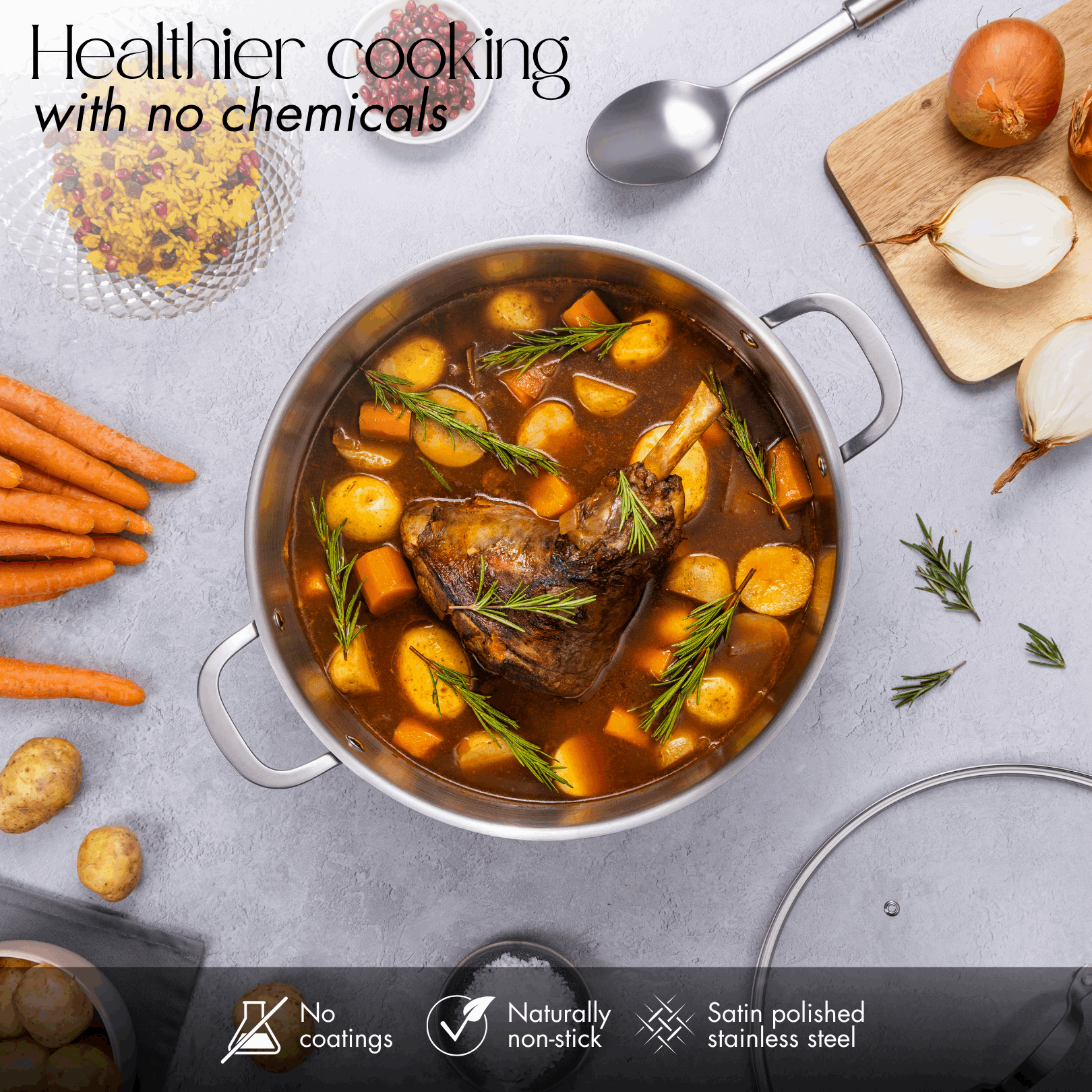 Cook healthier with no chemical, non-stick stainless steel stockpots with glass lids.