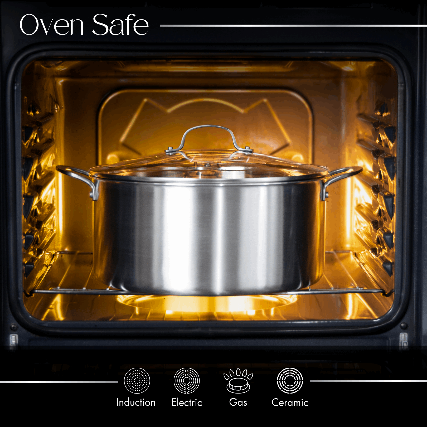 Oven-safe cooking pot with glass lid, stainless steel cookware pot for induction and more.