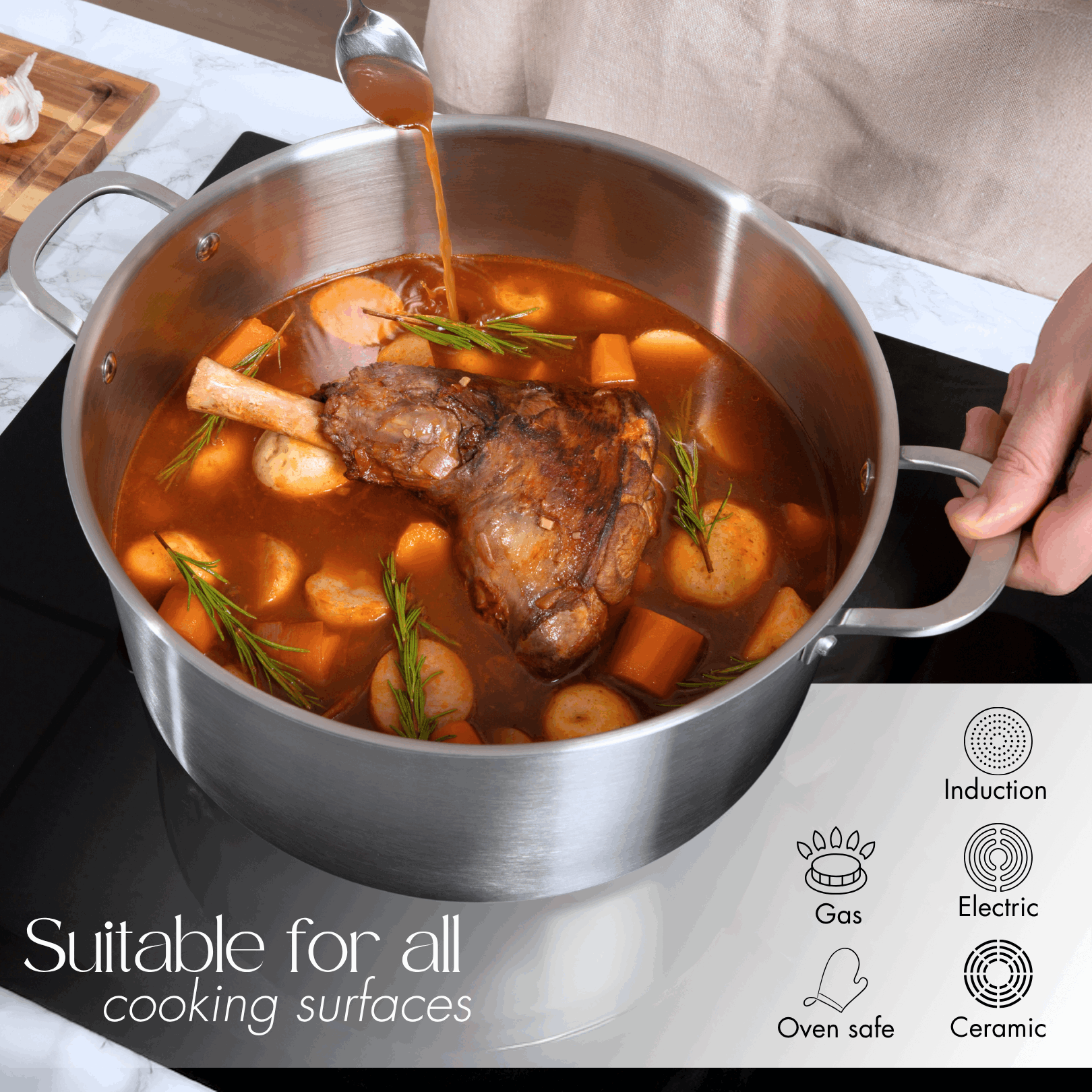 Oven-safe stainless steel cooking pot suitable for all cooking surfaces including induction base and more.