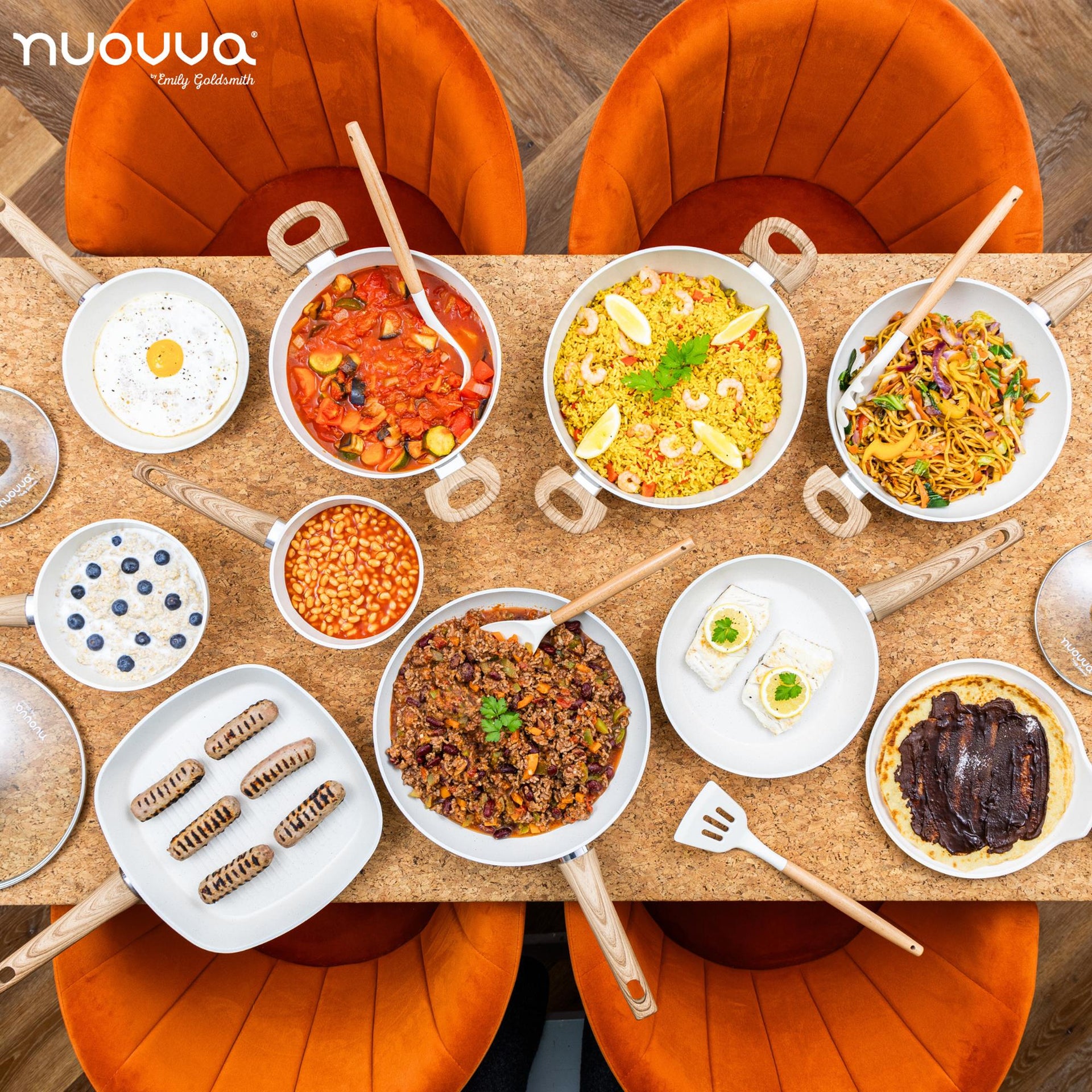 Nuovva 35 pieces cream granite cookware set including  stock pots, frying pans, Dutch ovens, grill pans, utensils and more.