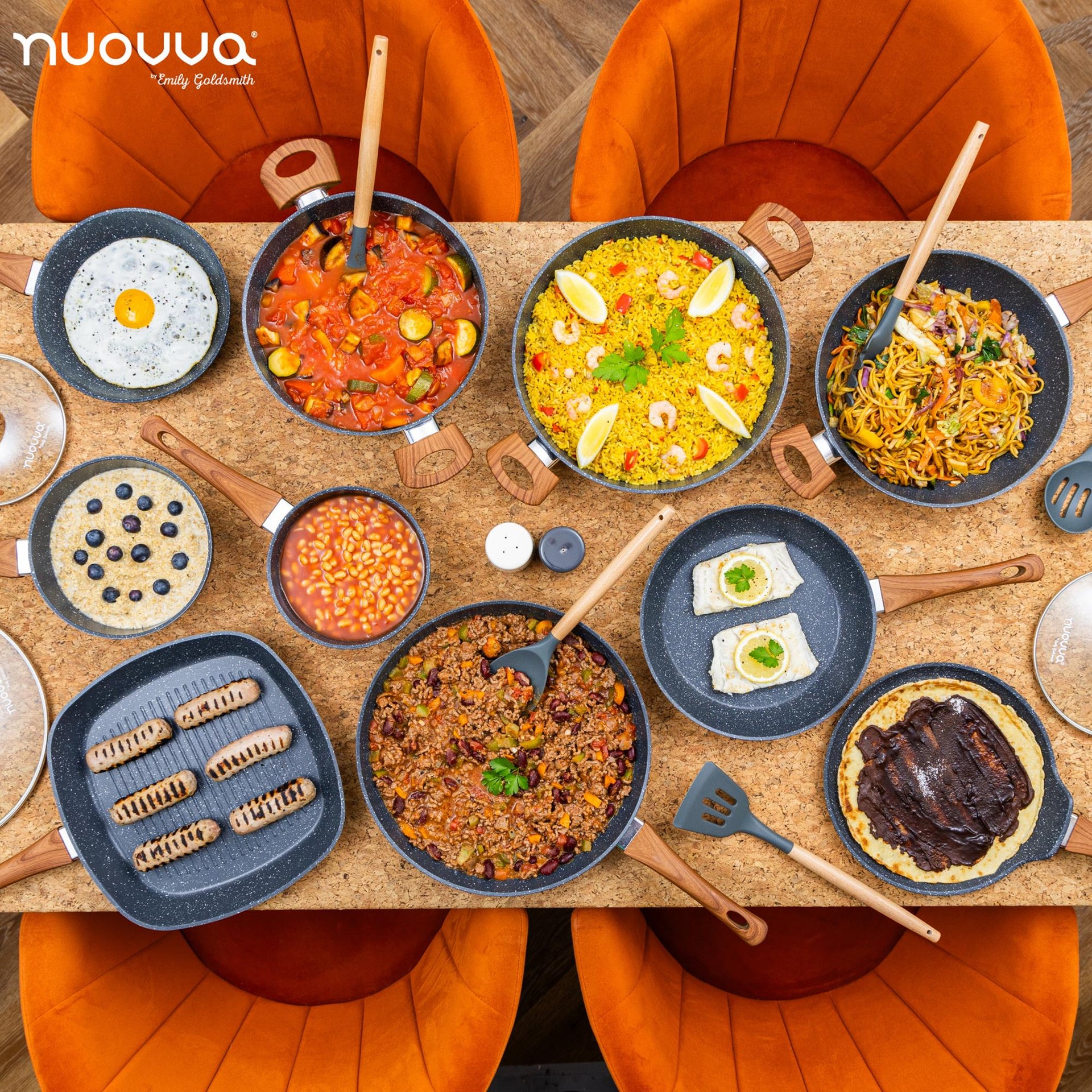 Nuovva 35 pcs grey granite cookware set including stock pots, Dutch ovens, frying pans, grill pans, utensils and more.