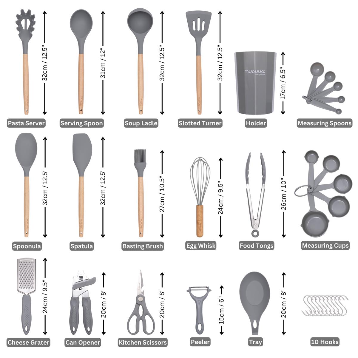 Nuovva grey utensils include pasta server, spatulas, basting brush, measuring spoons & cups, peeler, grater, slotted turner, kitchen knife and more.