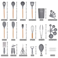 Nuovva grey utensils include pasta server, spatulas, basting brush, measuring spoons & cups, peeler, grater, slotted turner, kitchen knife and more.