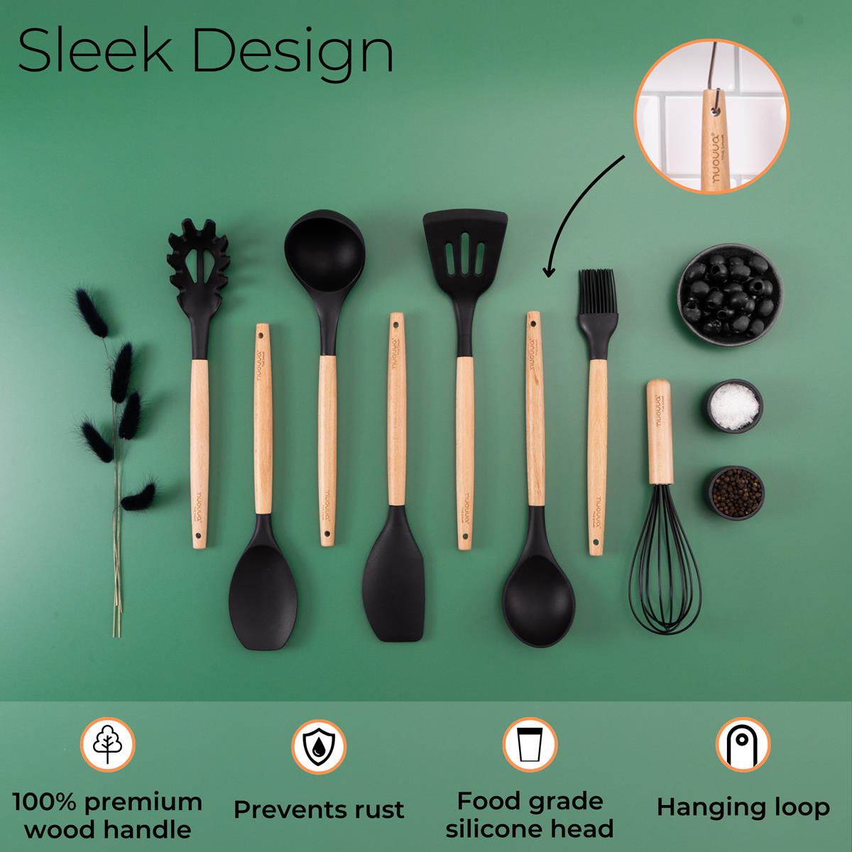 Nuovva black silicon utensils with sleek design, 100% premium wood handle, food grade silicon head and hanging loop for easy usage and storage.