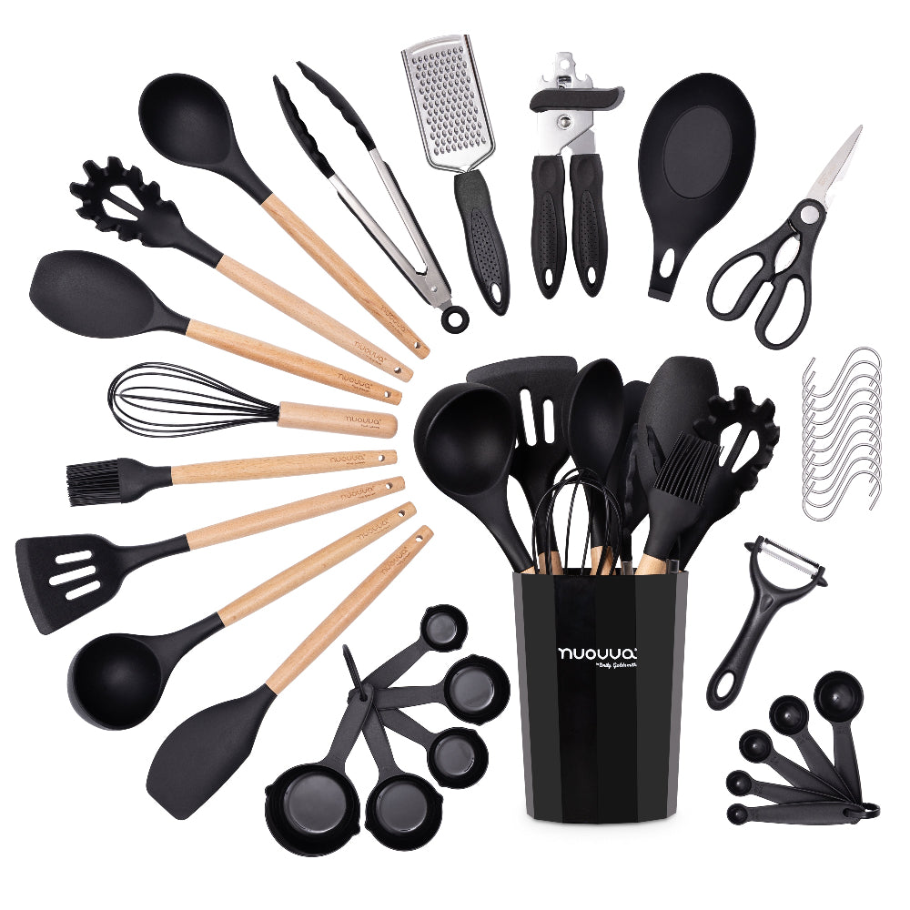 Nuovva 35pcs silicone cooking utensils including measuring cups, scissors spatulas, hooks and lots more.