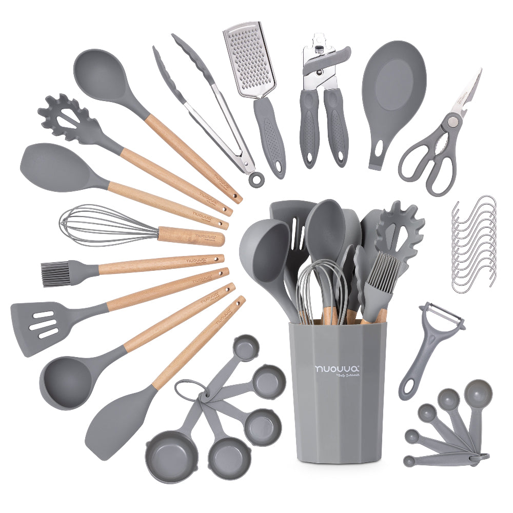 Nuovva 35 pcs non-stick silicone cooking utensils with storage holder, hooks and tools.