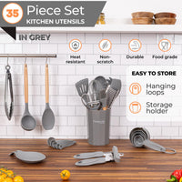 35pcs grey kitchen utensil set is heat resistant, non-scratch and durable with hanging loop and storage holder for neat and organized kitchen.