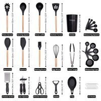 Nuovva black utensil cooking set includes: pasta server, serving spoon, soup ladle, slotted turner, holder, measuring spoons, spatula, egg whisk, measuring cups, graters and more.