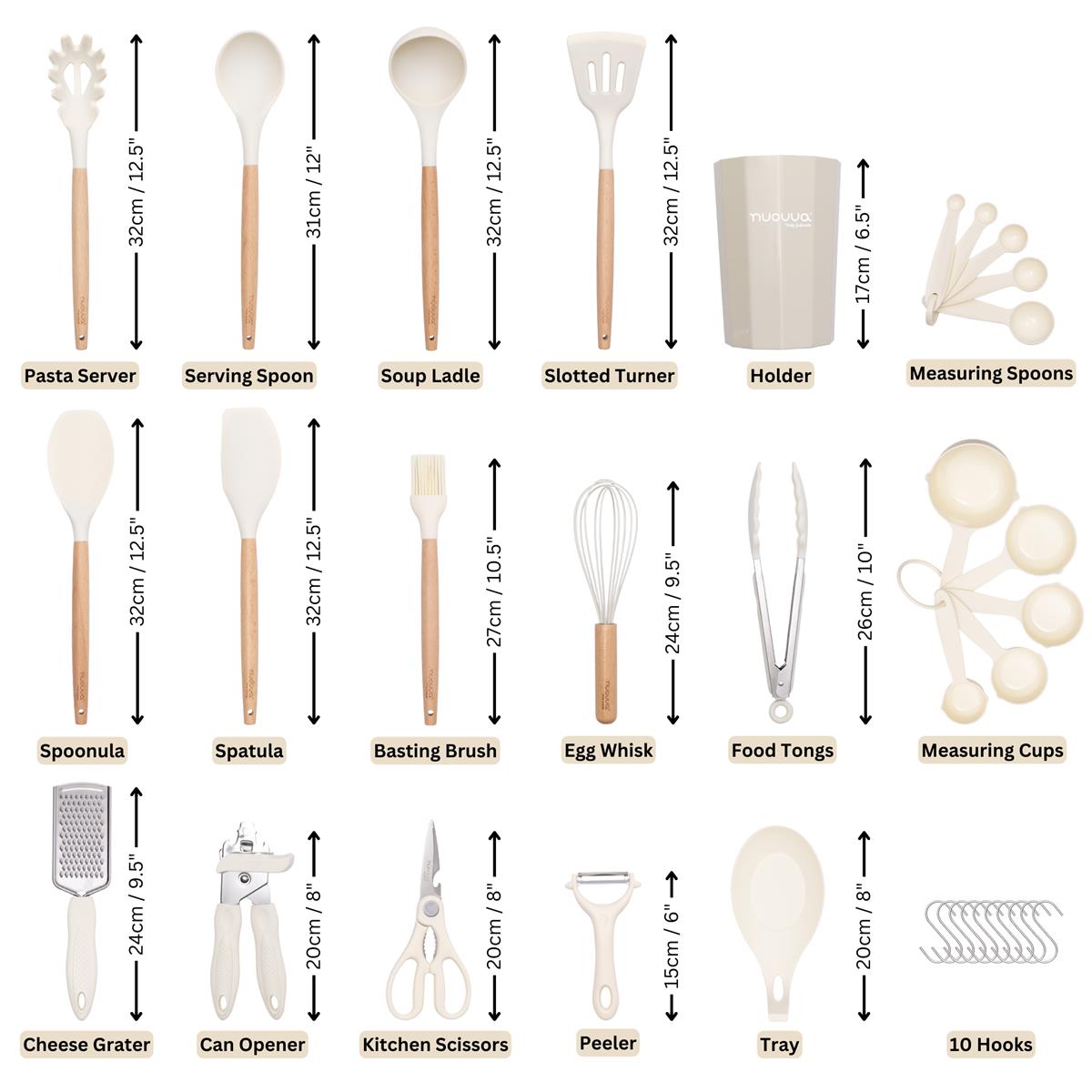 Nuovva cream silicone utensils includes pasta server, serving spoons, holder, measuring spoons, measuring cups, peeler, kitchen scissors and more.