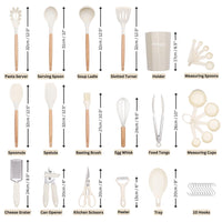 Nuovva cream silicone utensils includes pasta server, serving spoons, holder, measuring spoons, measuring cups, peeler, kitchen scissors and more.