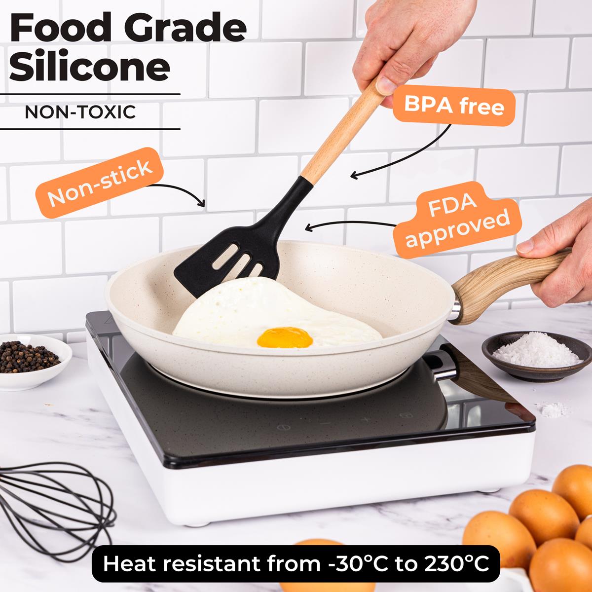 Nuovva 35 pcs food grade silicon cooking utensils, FDA approved, BPA free and heat resistant from -30 degree to 230 degrees.