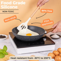 Nuovva food grade non-toxic silicone utensils, non stick, BPA free, FDA approved and heat resistant.