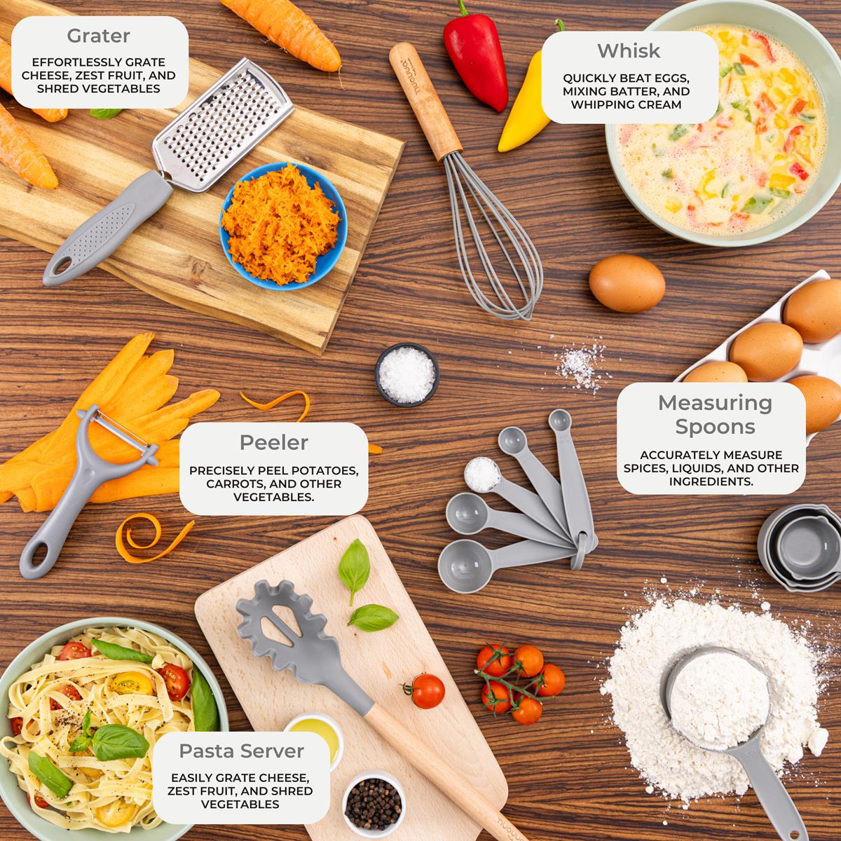 Nuovva 35pcs grey silicone cooking utensils include grater, peeler, pasta server, measuring spoons, whisk and more.