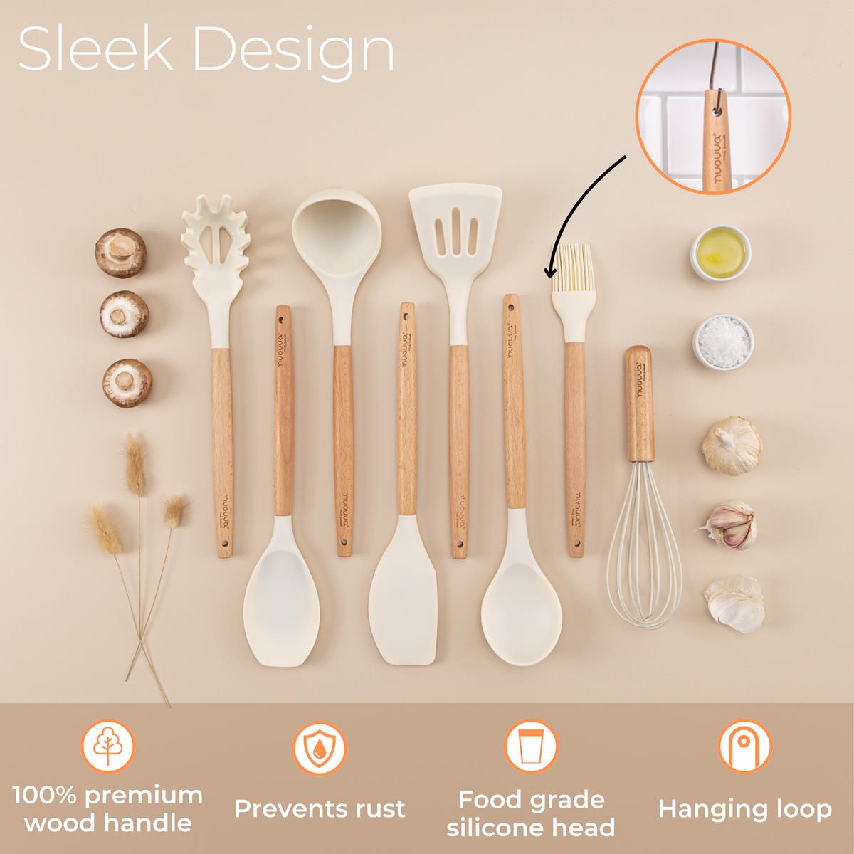 Nuovva 35pcs silicon utensils with sleek design, 100% premium wood handle, food grade silicon head and hanging loop for organization.