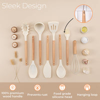Nuovva 35pcs silicon utensils with sleek design, 100% premium wood handle, food grade silicon head and hanging loop for organization.