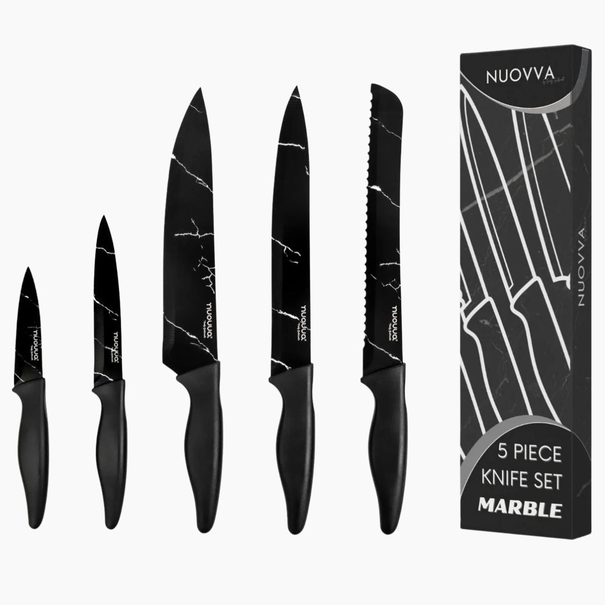 Nuovva set of 5 black marble kitchen knives include chefs knife, filleting knife, bread knife, paring knife and utility knife.