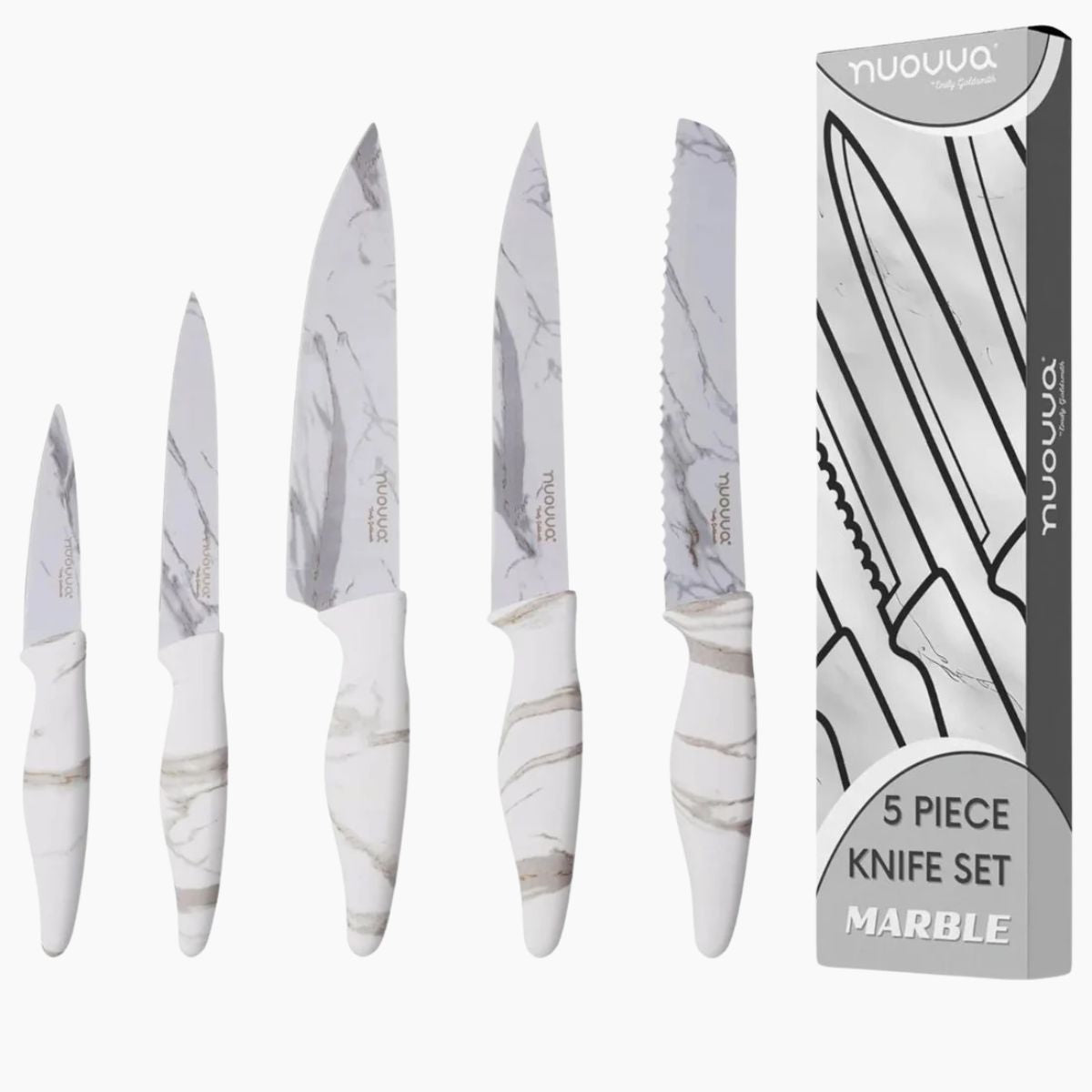 Nuovva set of 5 Calcutta marble kitchen knife set includes chefs knife, filleting knife, bread knife, paring knife & utility knife.