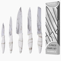 Nuovva set of 5 Calcutta marble kitchen knife set includes chefs knife, filleting knife, bread knife, paring knife & utility knife.