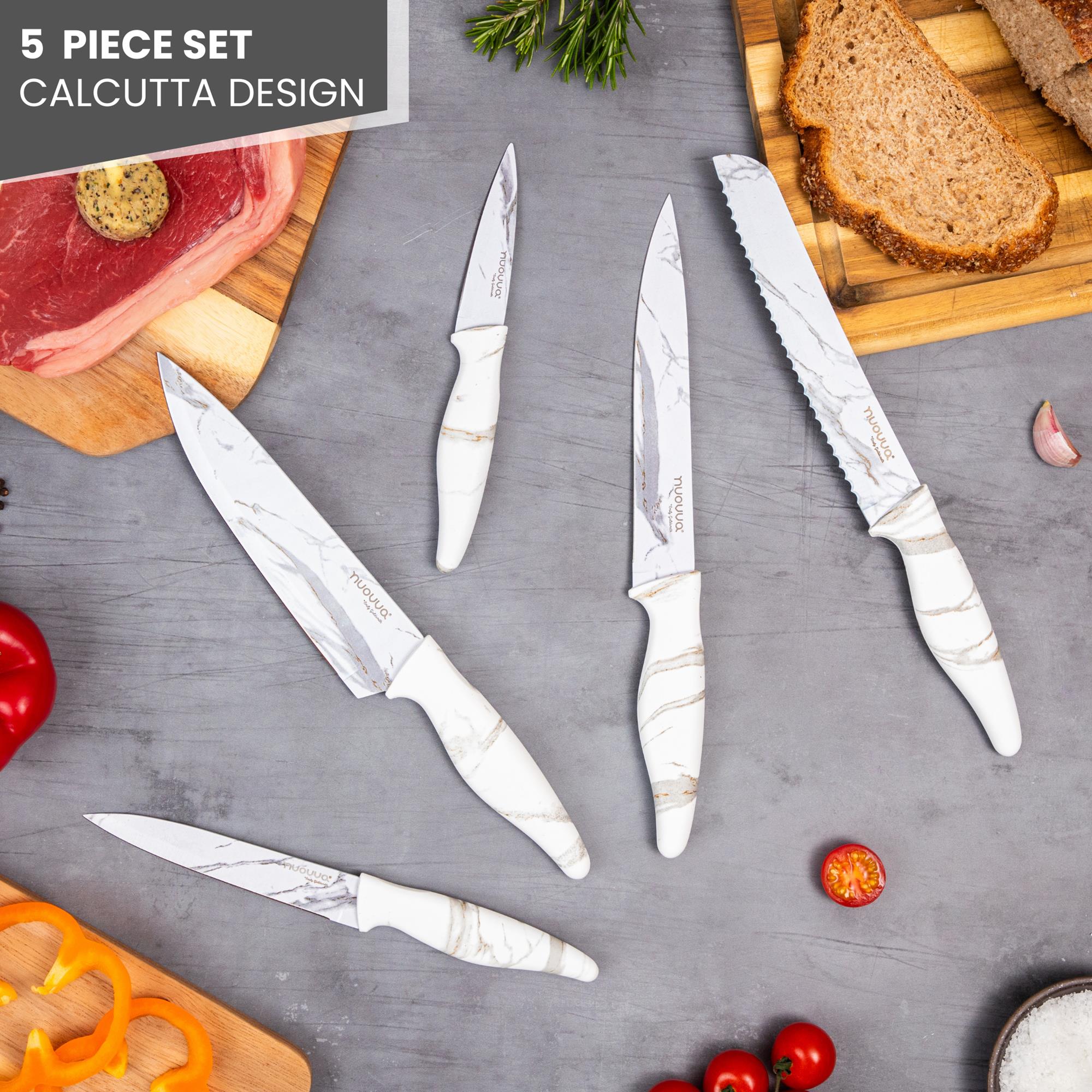 Nuovva set of 5 Calcutta design kitchen knives include slicing knife, bread knife, utility knife, chefs knife and paring knife.