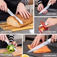 Nuovva set of 5 kitchen knives including bread knife, chefs knife, paring knife, utility knife and slicing knife.