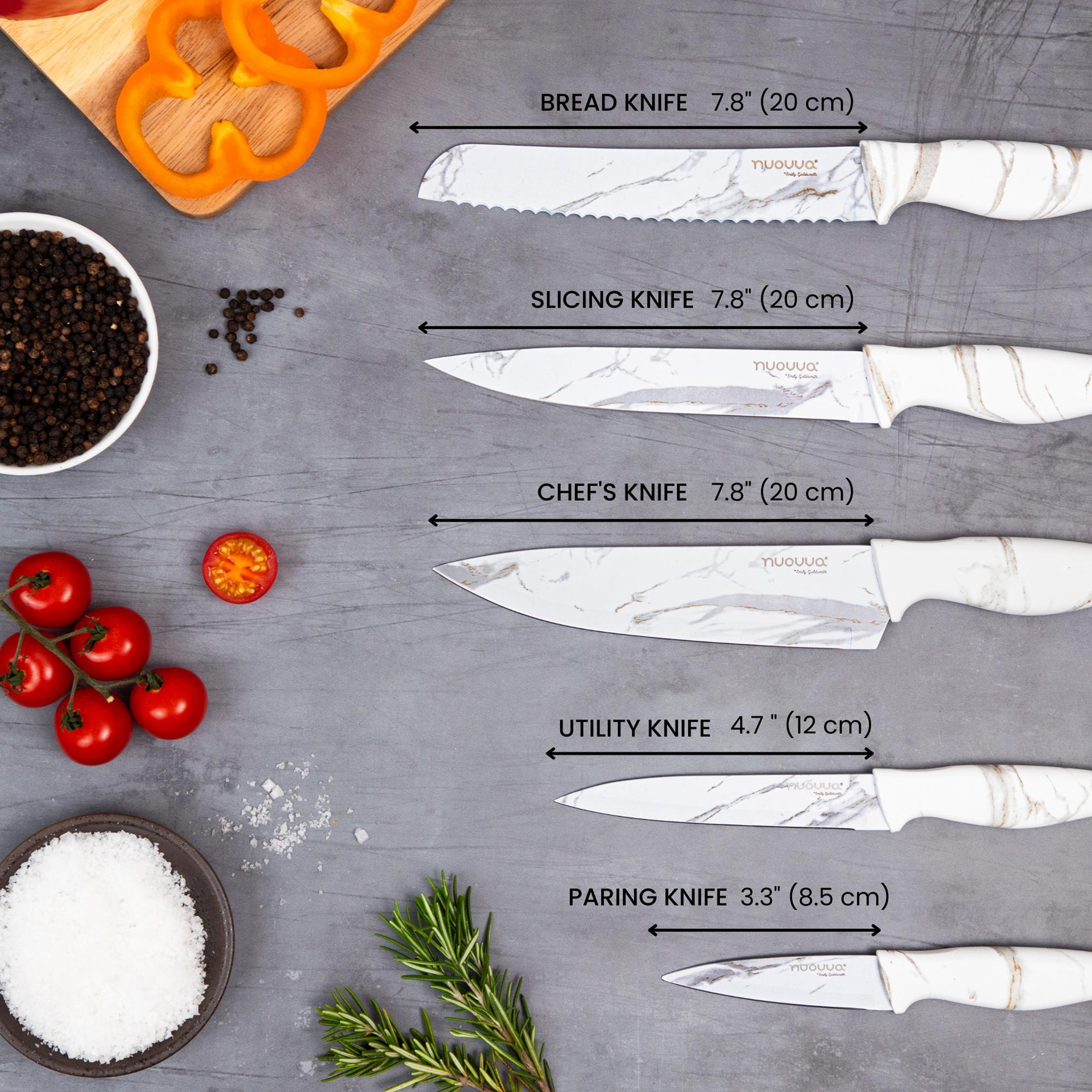 Nuovva set of 5 Calcutta design kitchen knife set including 7.8" bread knife, 7.8" slicing knife, 7.8" chef's knife, 4.7" utility knife and 3.3" paring knife.