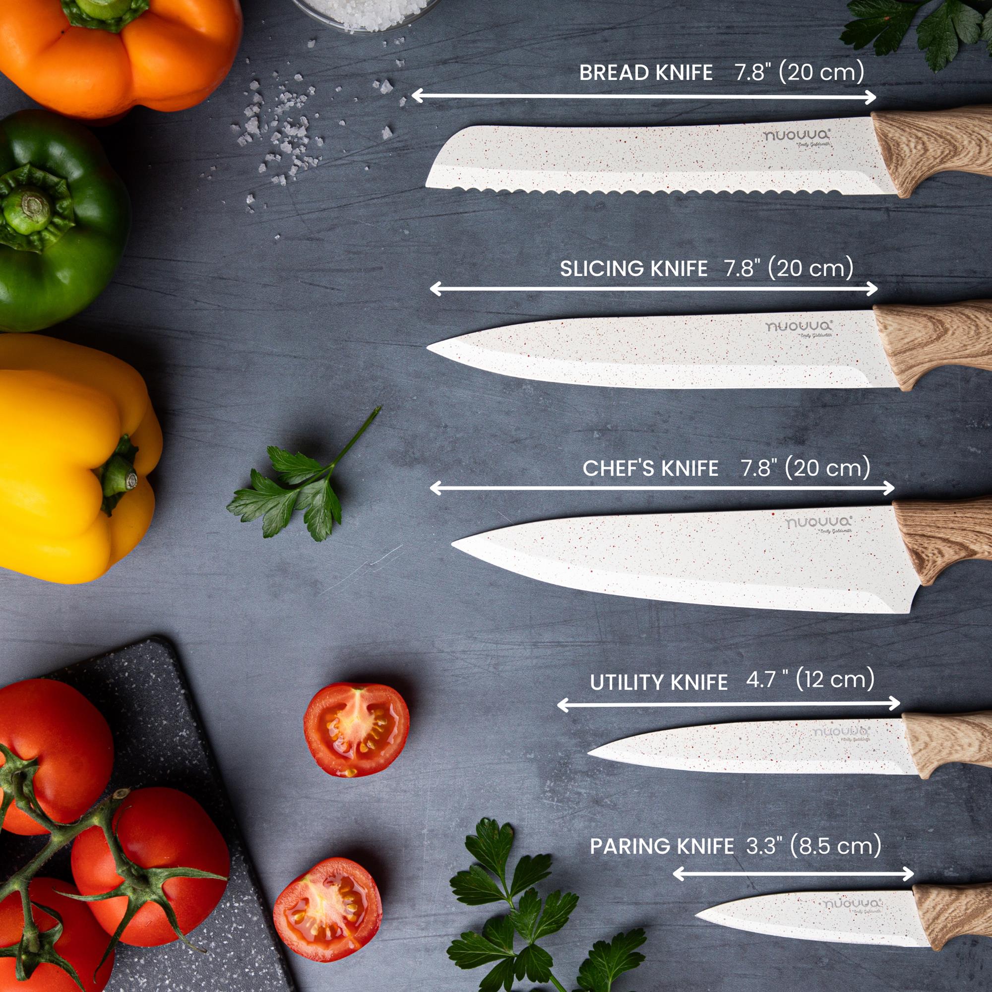 Nuovva set of 5 kitchen knives including 7.8 inch bread knife, 7.8 inch slicing knife, 7.8 inch chef's knife, 4.7 in h utility knife and 3.3 inch paring knife.