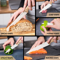 Nuovva set of 5 cream granite kitchen knives including bread knife, chef knife, paring knife, slicing knife and utility knife.