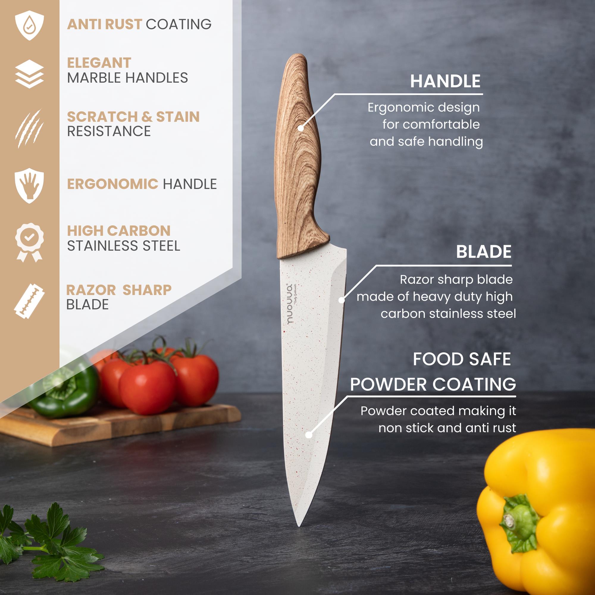 Nuovva set of 5 cream granite kitchen knives with ergonomic handle and coated razor sharp blade with scratch and stain coating.